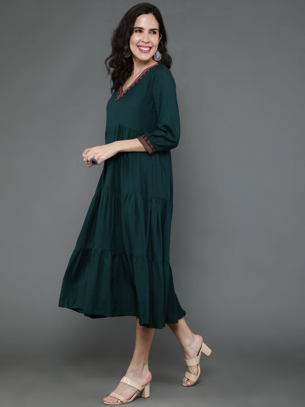 Antaran Dark Green Rayon Embroidered Dress