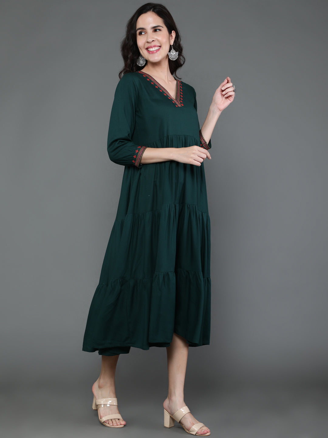Antaran Dark Green Rayon Embroidered Dress