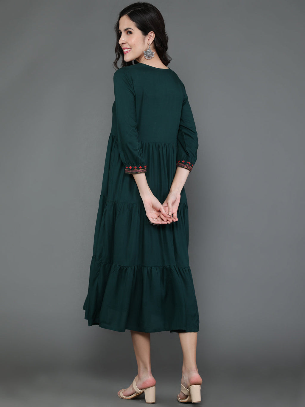Antaran Dark Green Rayon Embroidered Dress
