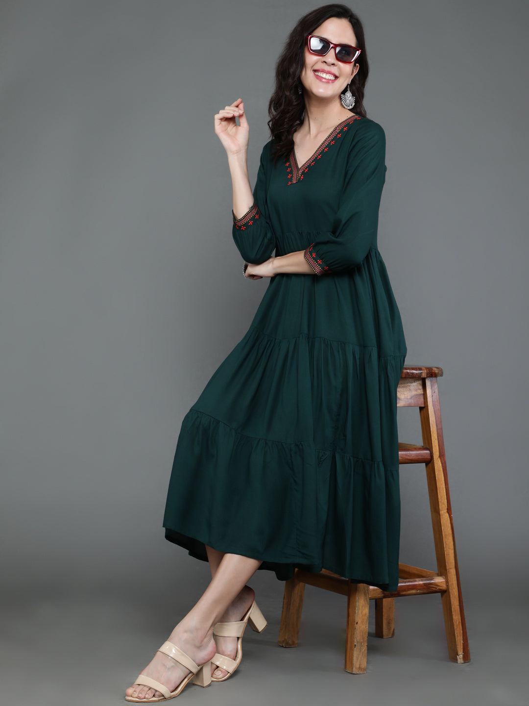 Antaran Dark Green Rayon Embroidered Dress