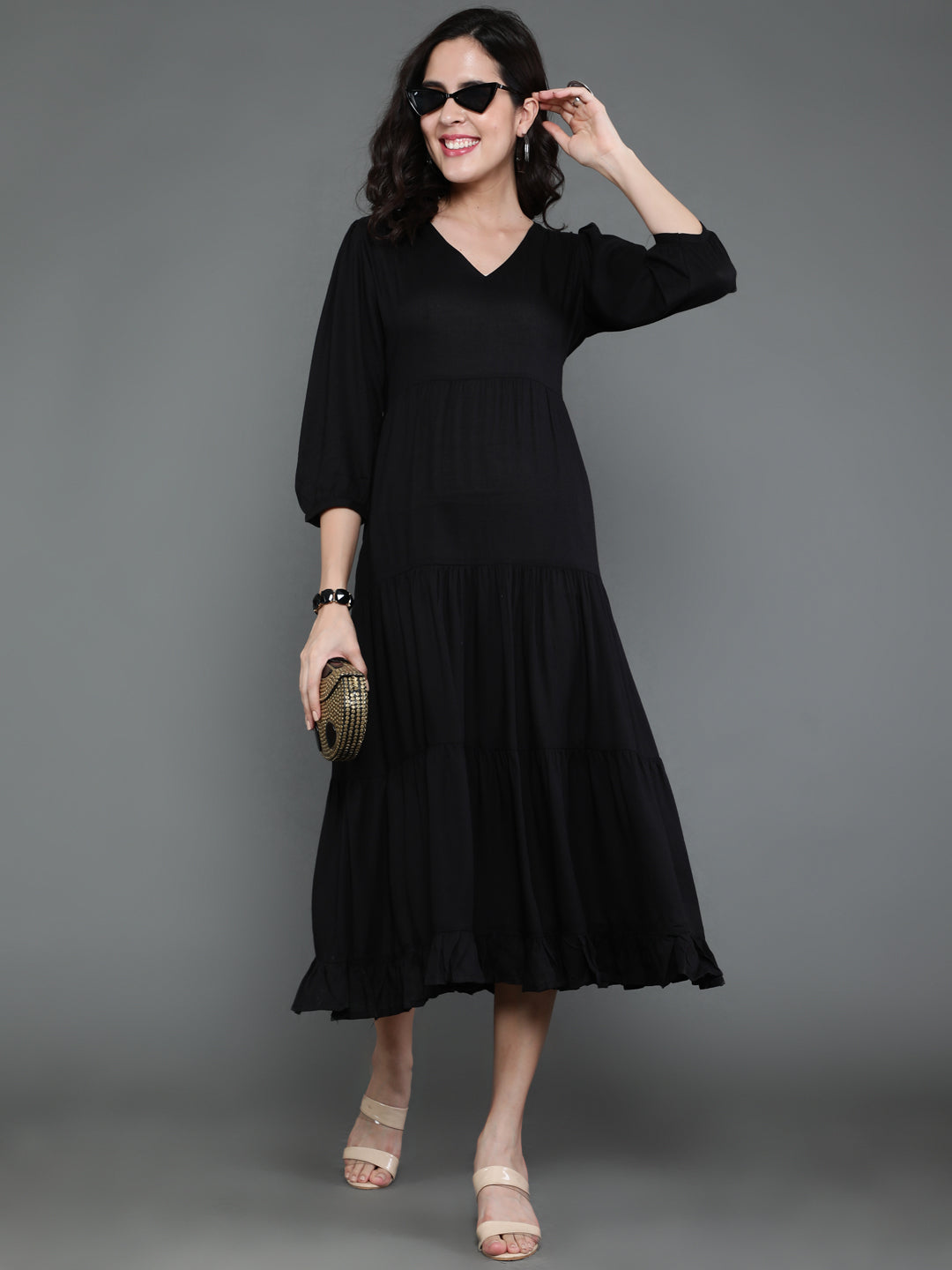Antaran Black Rayon Flared Solid Black Dress