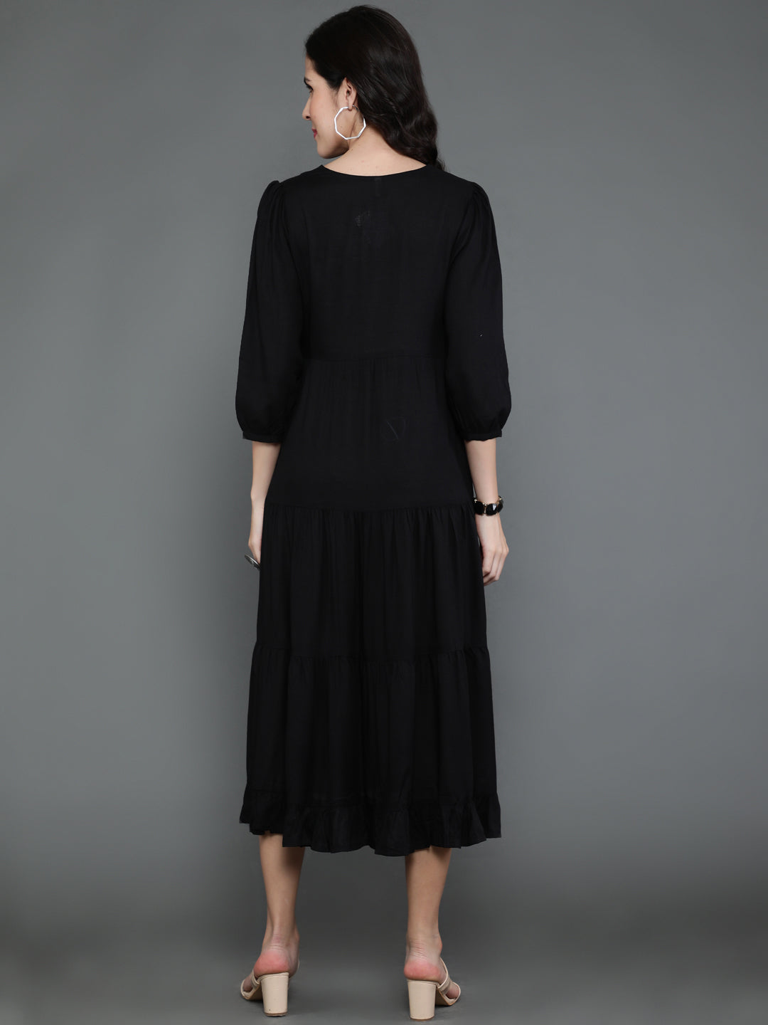 Antaran Black Rayon Flared Solid Black Dress