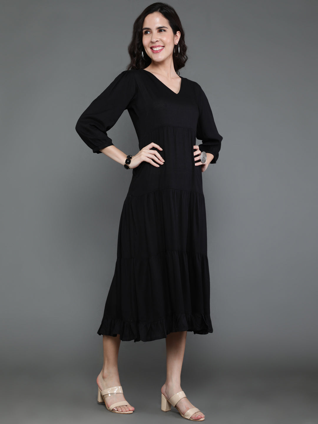 Antaran Black Rayon Flared Solid Black Dress