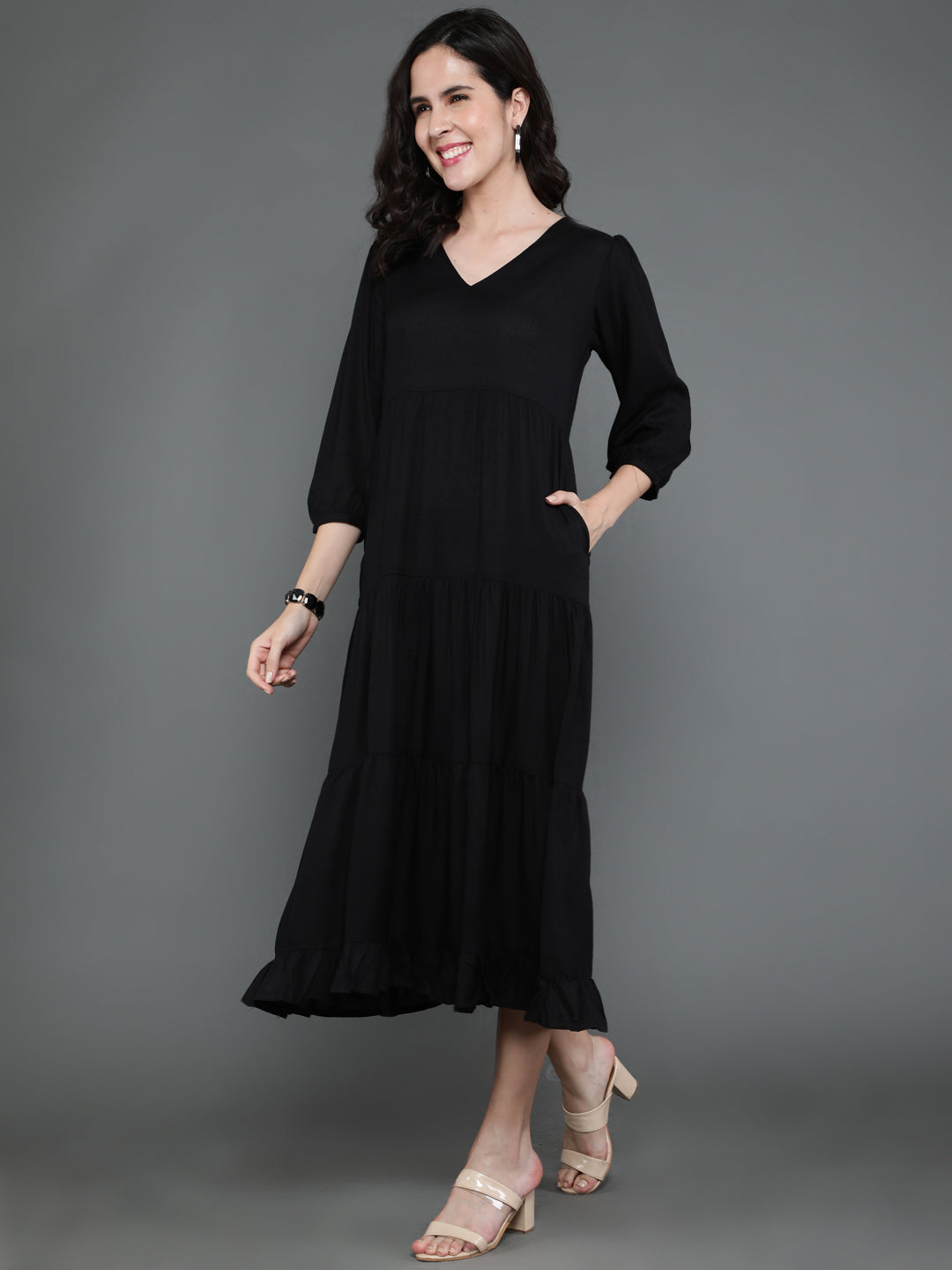 Antaran Black Rayon Flared Solid Black Dress