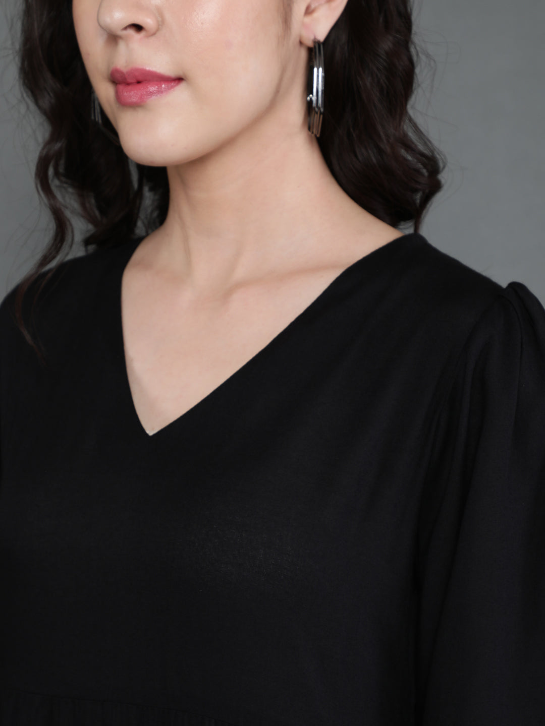 Antaran Black Rayon Flared Solid Black Dress