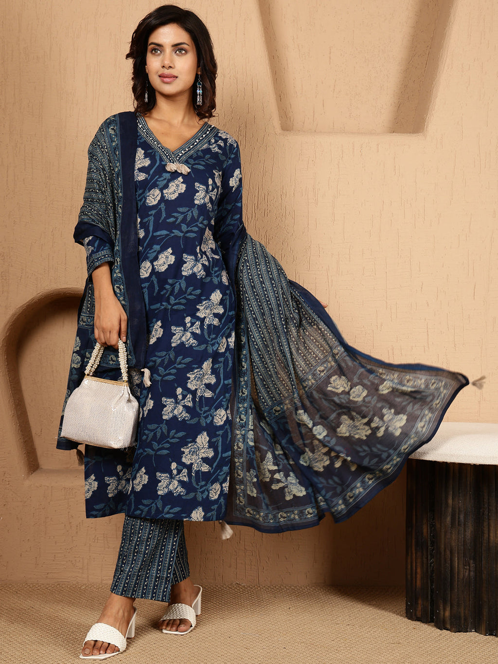 Antaran Blue Pure Cotton Embellished Kurta Pant & Dupatta Set