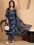 Antaran Blue Pure Cotton Embellished Kurta Pant & Dupatta Set