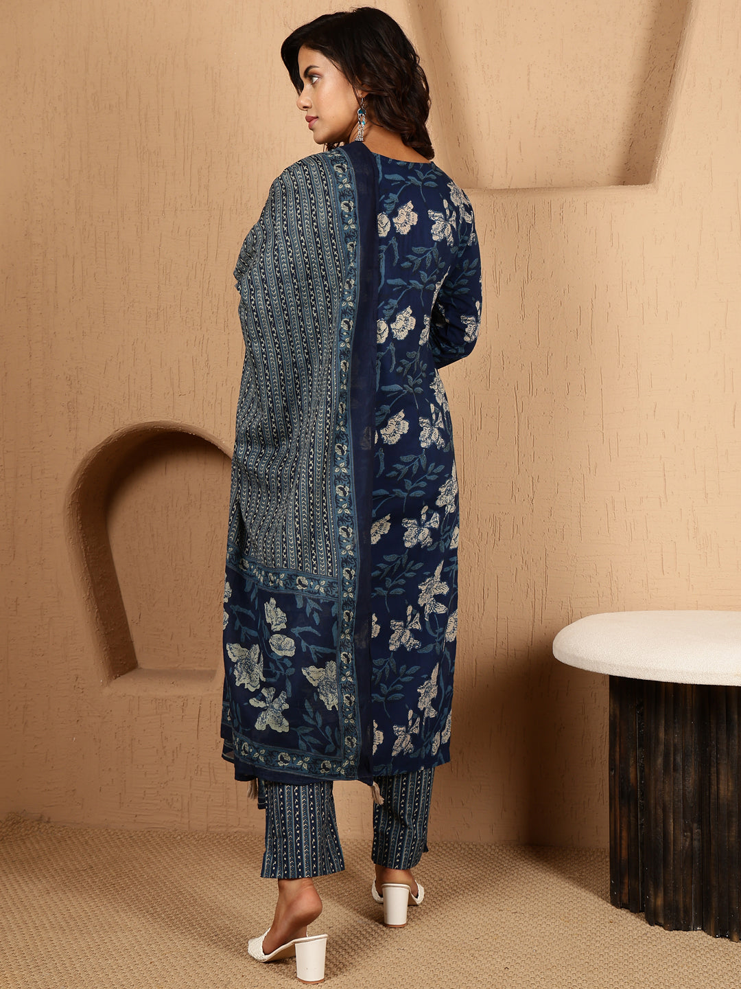 Antaran Blue Pure Cotton Embellished Kurta Pant & Dupatta Set