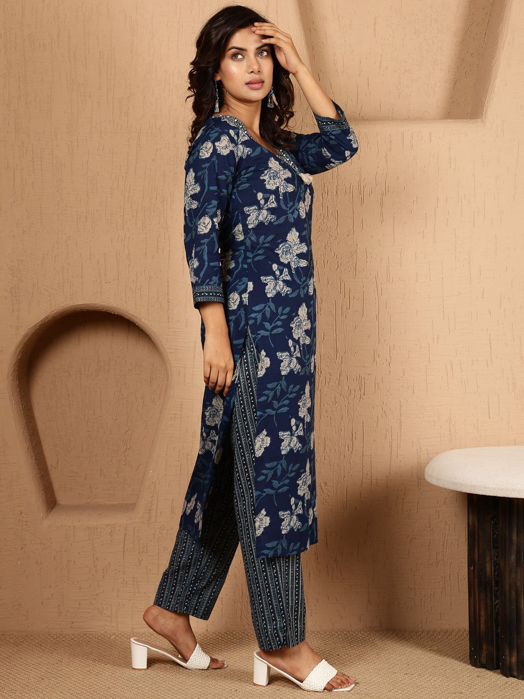 Antaran Blue Pure Cotton Embellished Kurta Pant & Dupatta Set