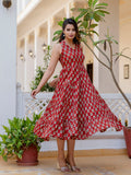 Antaran Maroon Pure Cotton Tiered Printed Dress