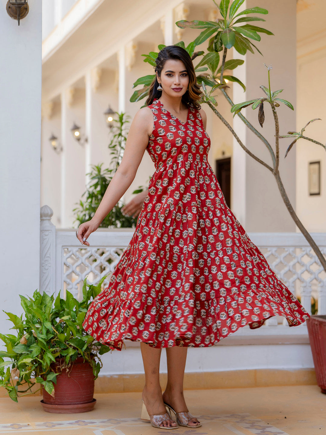 Antaran Maroon Pure Cotton Tiered Printed Dress