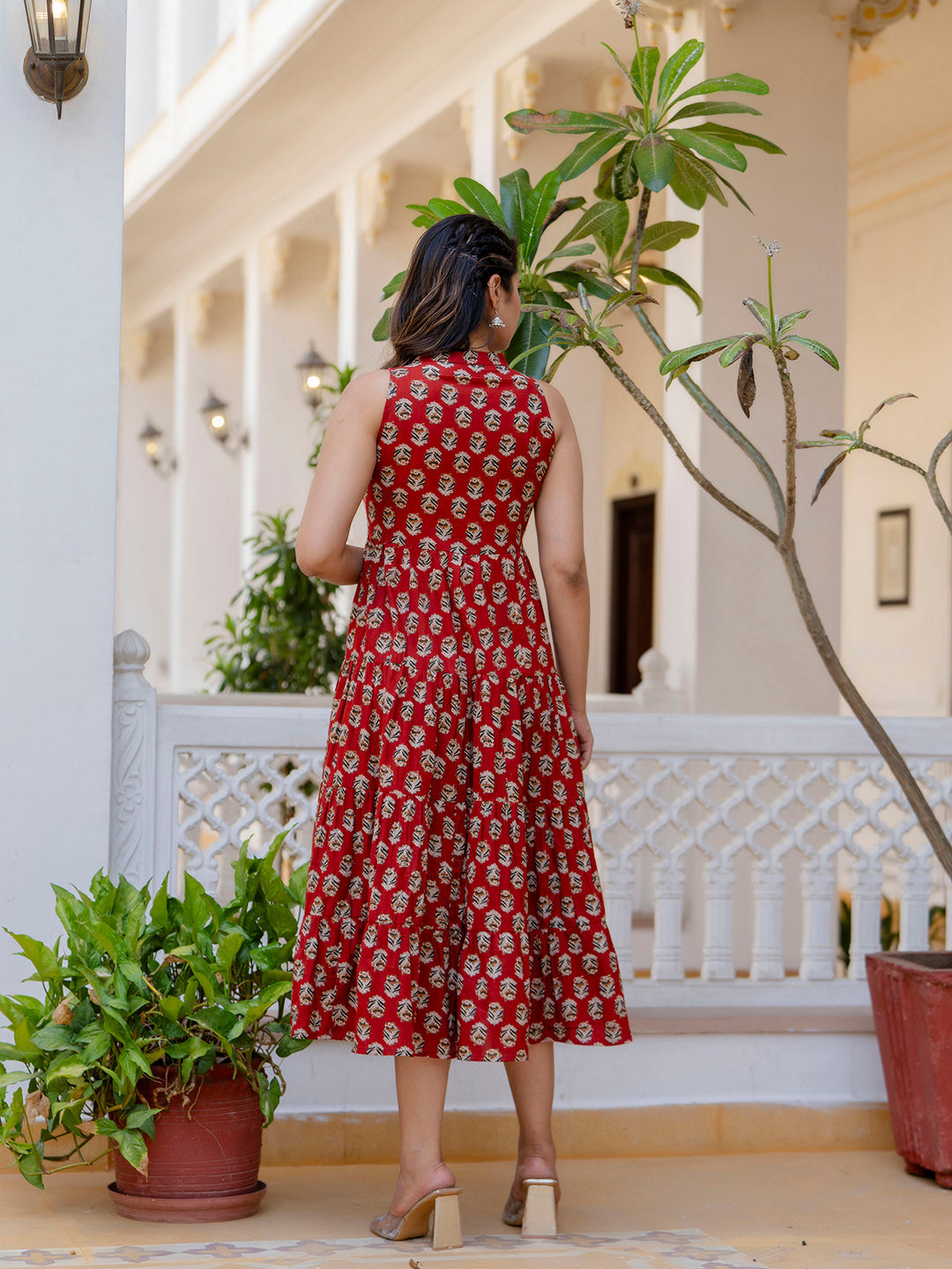 Antaran Maroon Pure Cotton Tiered Printed Dress