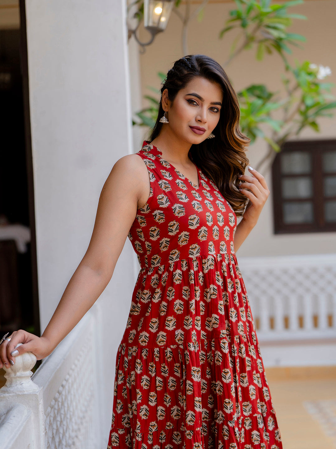 Antaran Maroon Pure Cotton Tiered Printed Dress