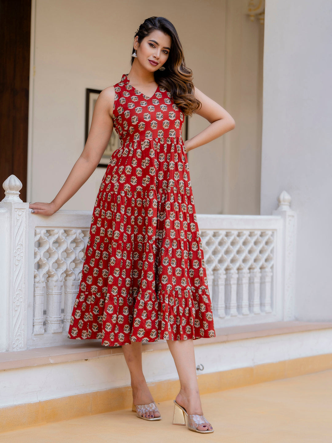 Antaran Maroon Pure Cotton Tiered Printed Dress