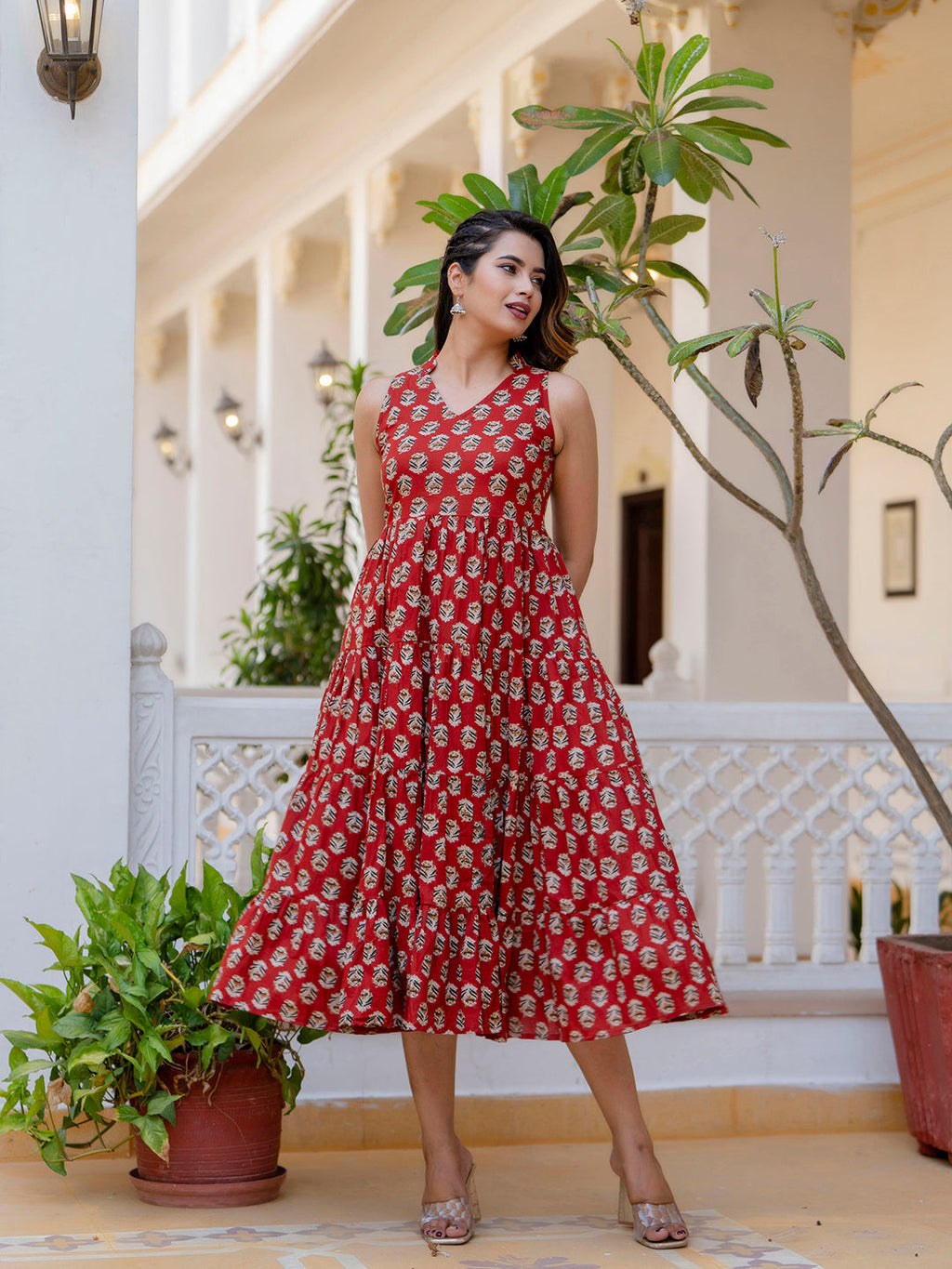 Antaran Maroon Pure Cotton Tiered Printed Dress