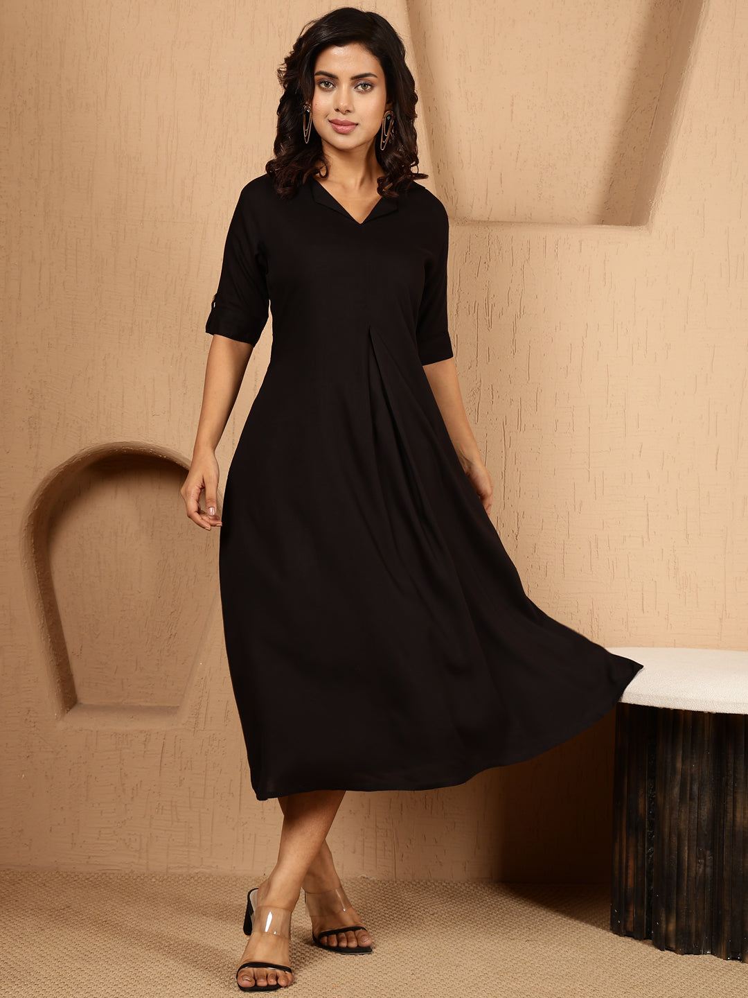Antaran Black Rayon Solid Black Dress