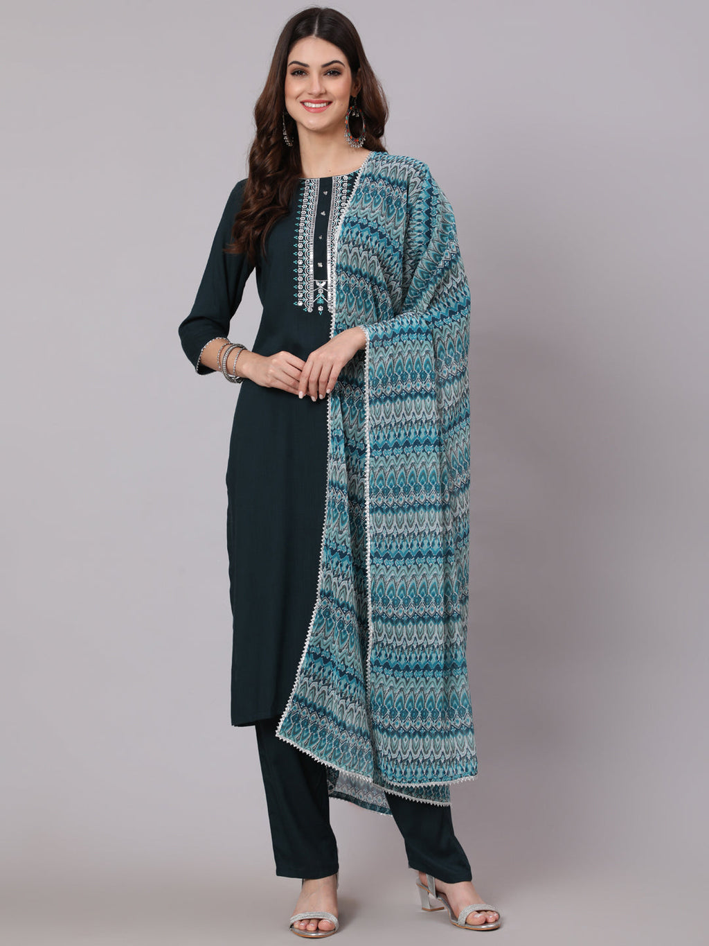 Antaran Blue Rayon Embroidered Kurta Pant Dupatta Set