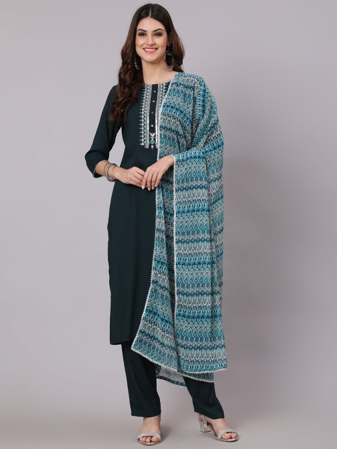 Antaran Blue Rayon Embroidered Kurta Pant Dupatta Set