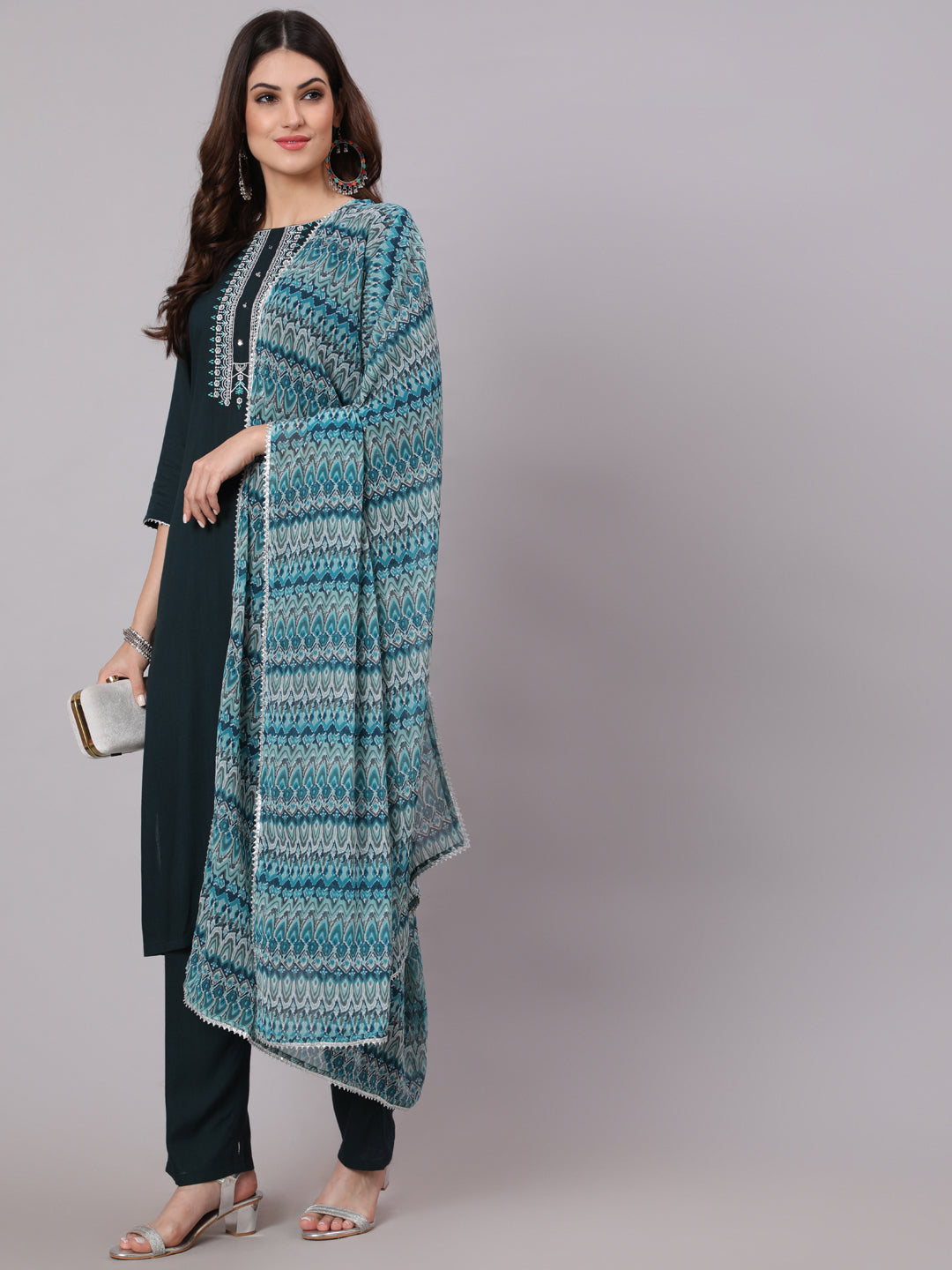 Antaran Blue Rayon Embroidered Kurta Pant Dupatta Set