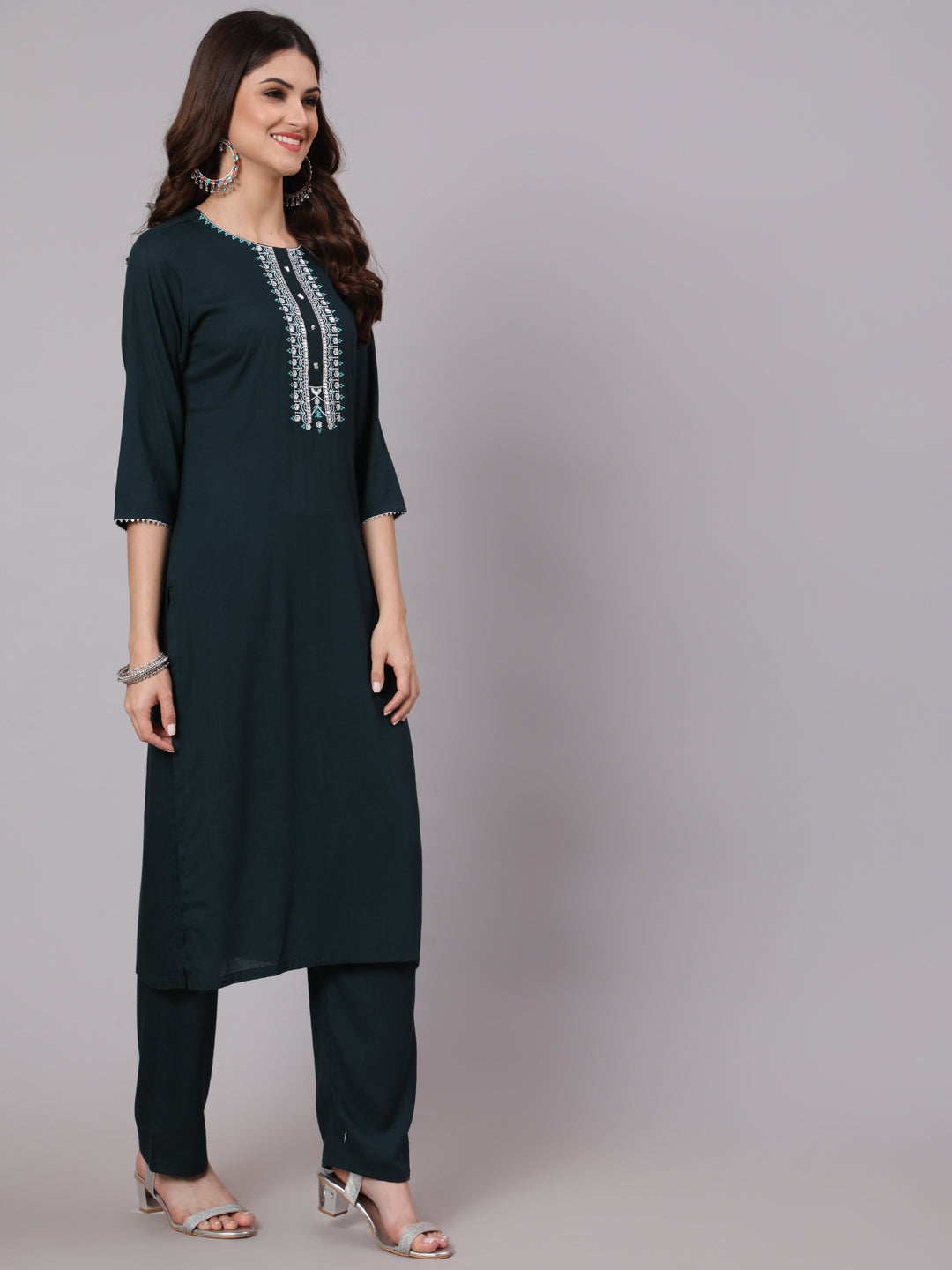 Antaran Blue Rayon Embroidered Kurta Pant Dupatta Set