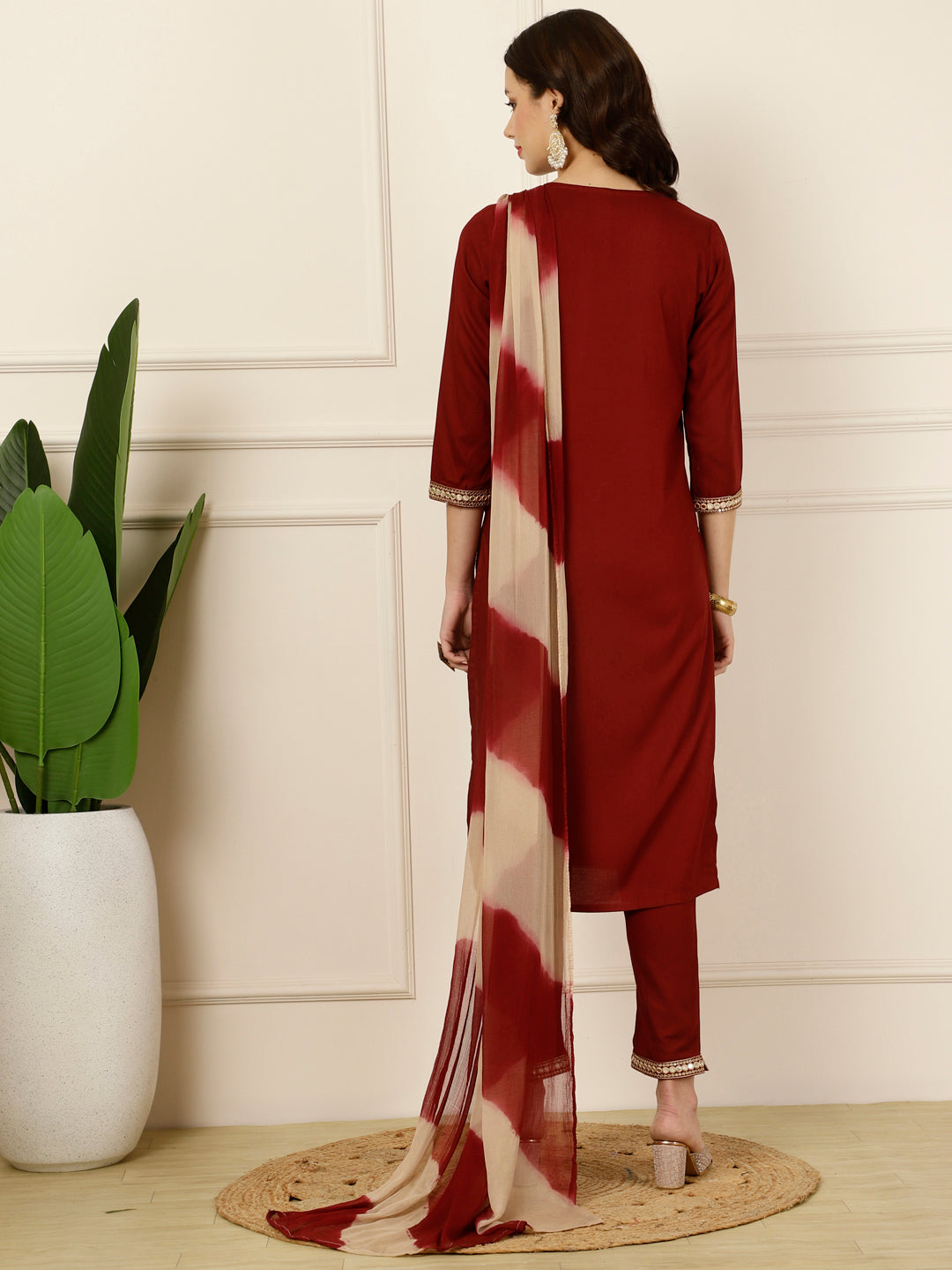 Antaran Maroon Rayon Embellished Kurta Pant & Dupatta Set