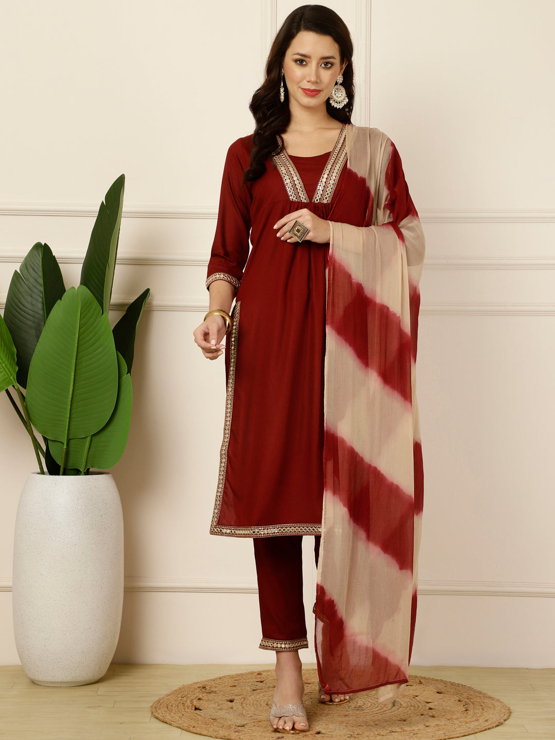 Antaran Maroon Rayon Embellished Kurta Pant & Dupatta Set