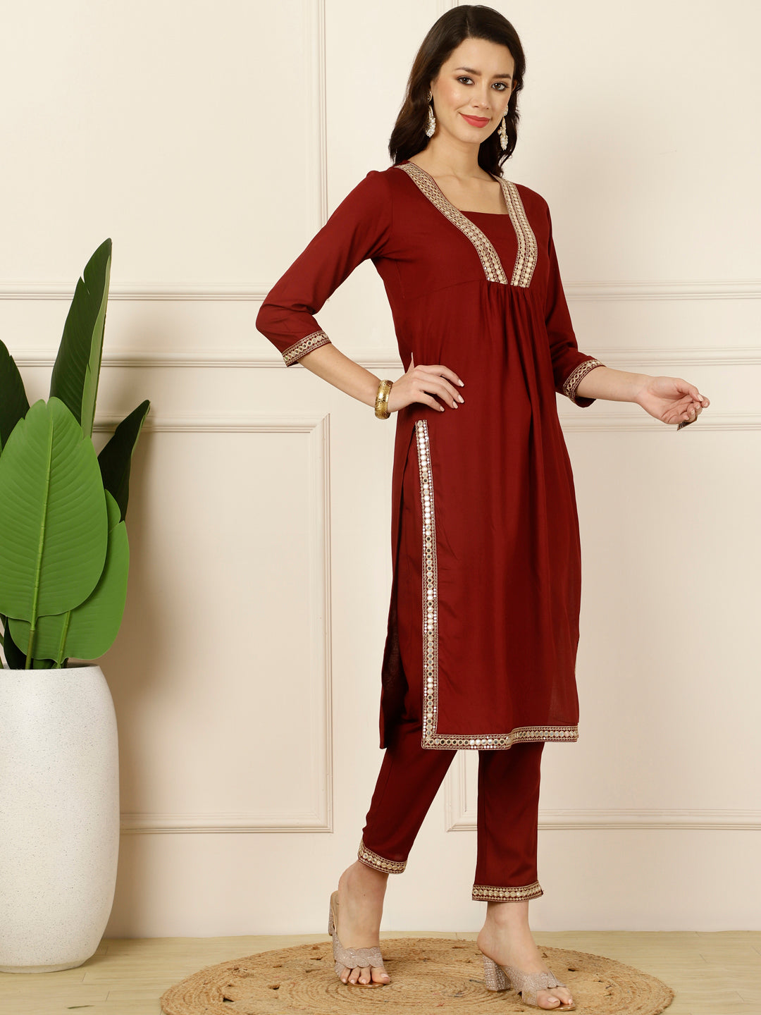 Antaran Maroon Rayon Embellished Kurta Pant & Dupatta Set