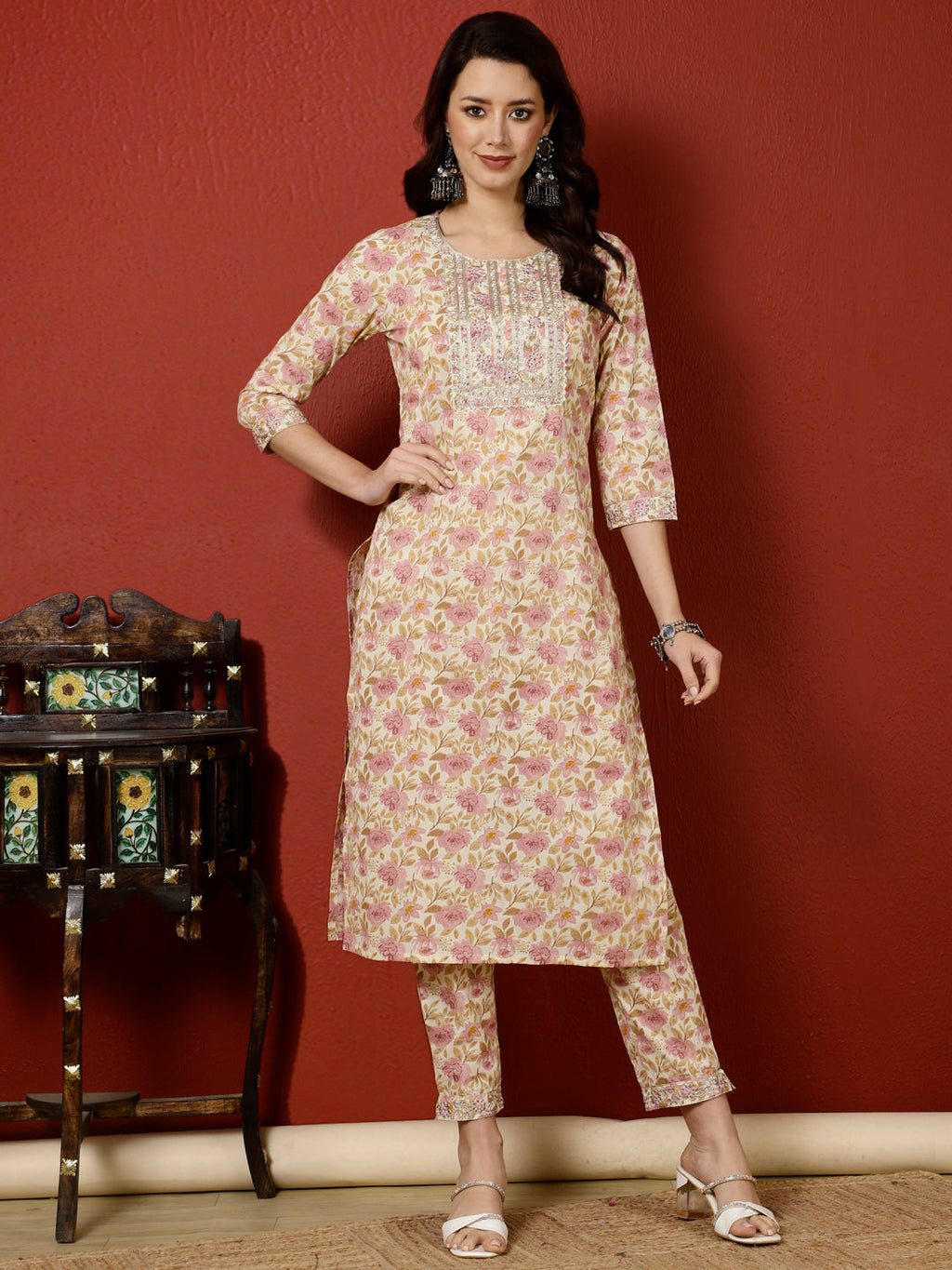 Antaran Peach Pure Cotton Embroidered Kurta Pant Set