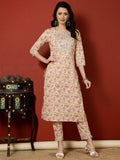 Antaran Peach Pure Cotton Embroidered Kurta Pant Set