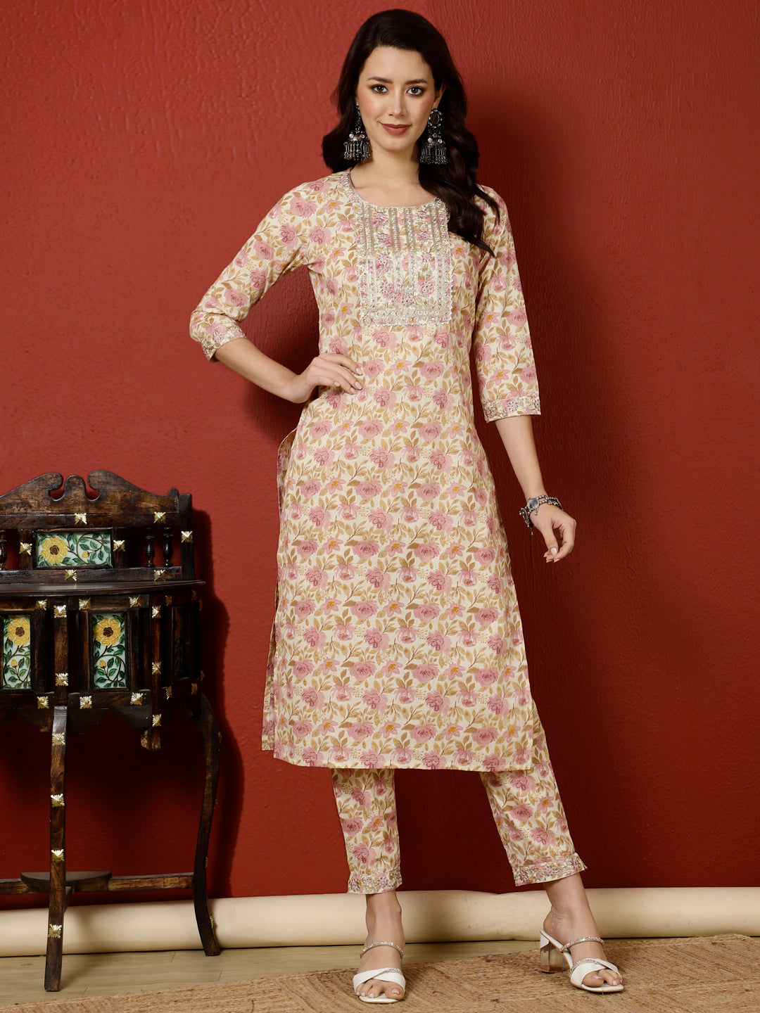 Antaran Peach Pure Cotton Embroidered Kurta Pant Set