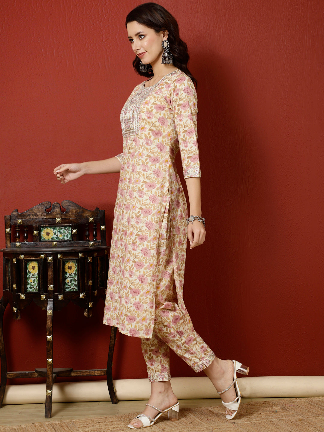 Antaran Peach Pure Cotton Embroidered Kurta Pant Set