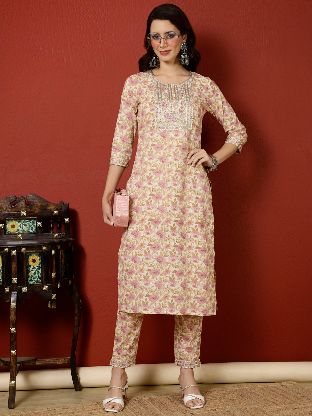 Antaran Peach Pure Cotton Embroidered Kurta Pant Set