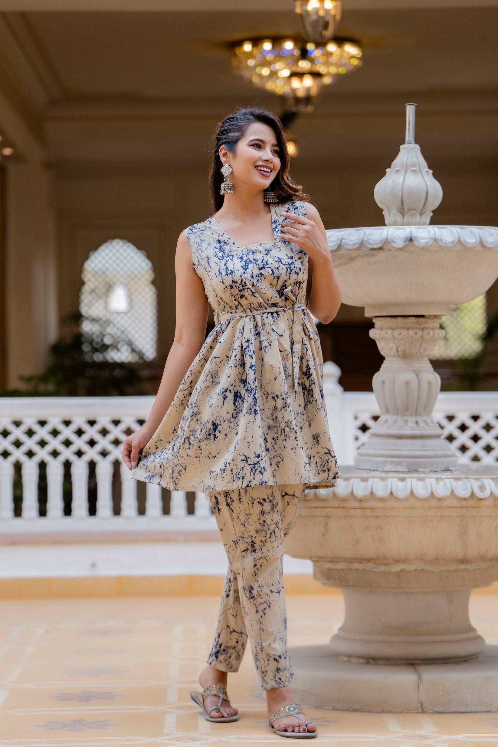 Antaran Beige Pure Cotton Marble Printed Co Ord Set With Tie On Waist