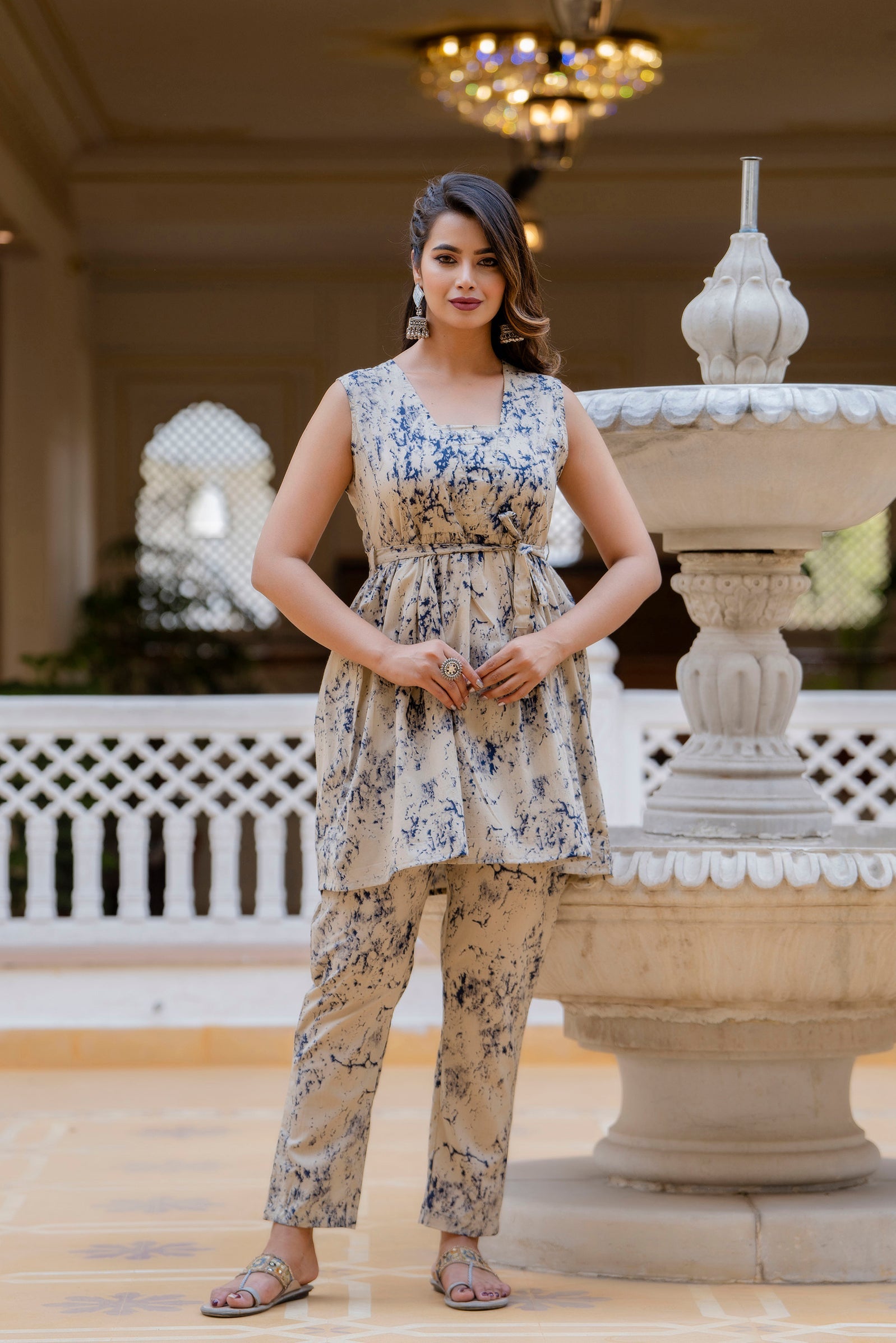 Antaran Beige Pure Cotton Marble Printed Co Ord Set With Tie On Waist