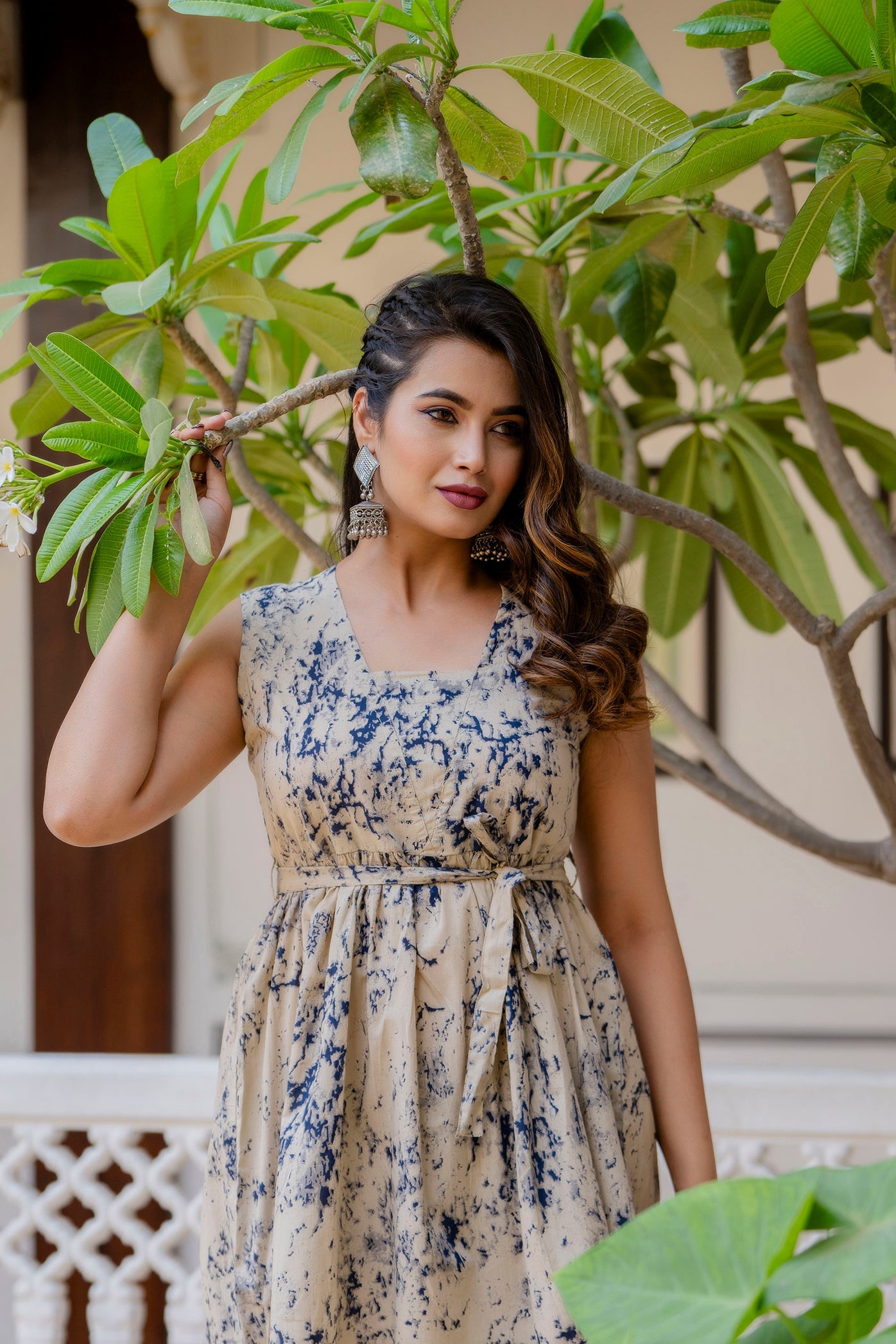 Antaran Beige Pure Cotton Marble Printed Co Ord Set With Tie On Waist
