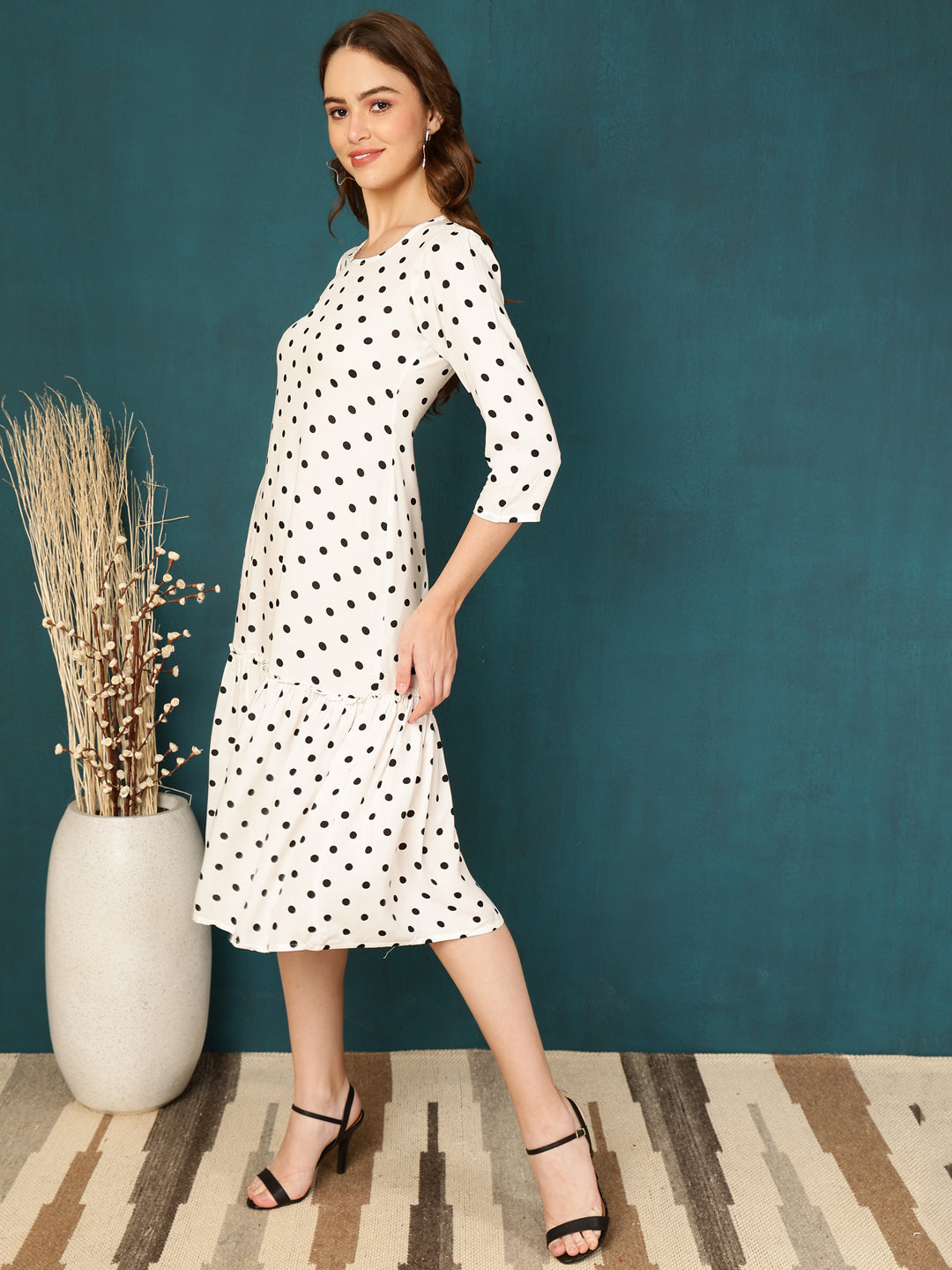 Antaran White Rayon Polka Printed Dress