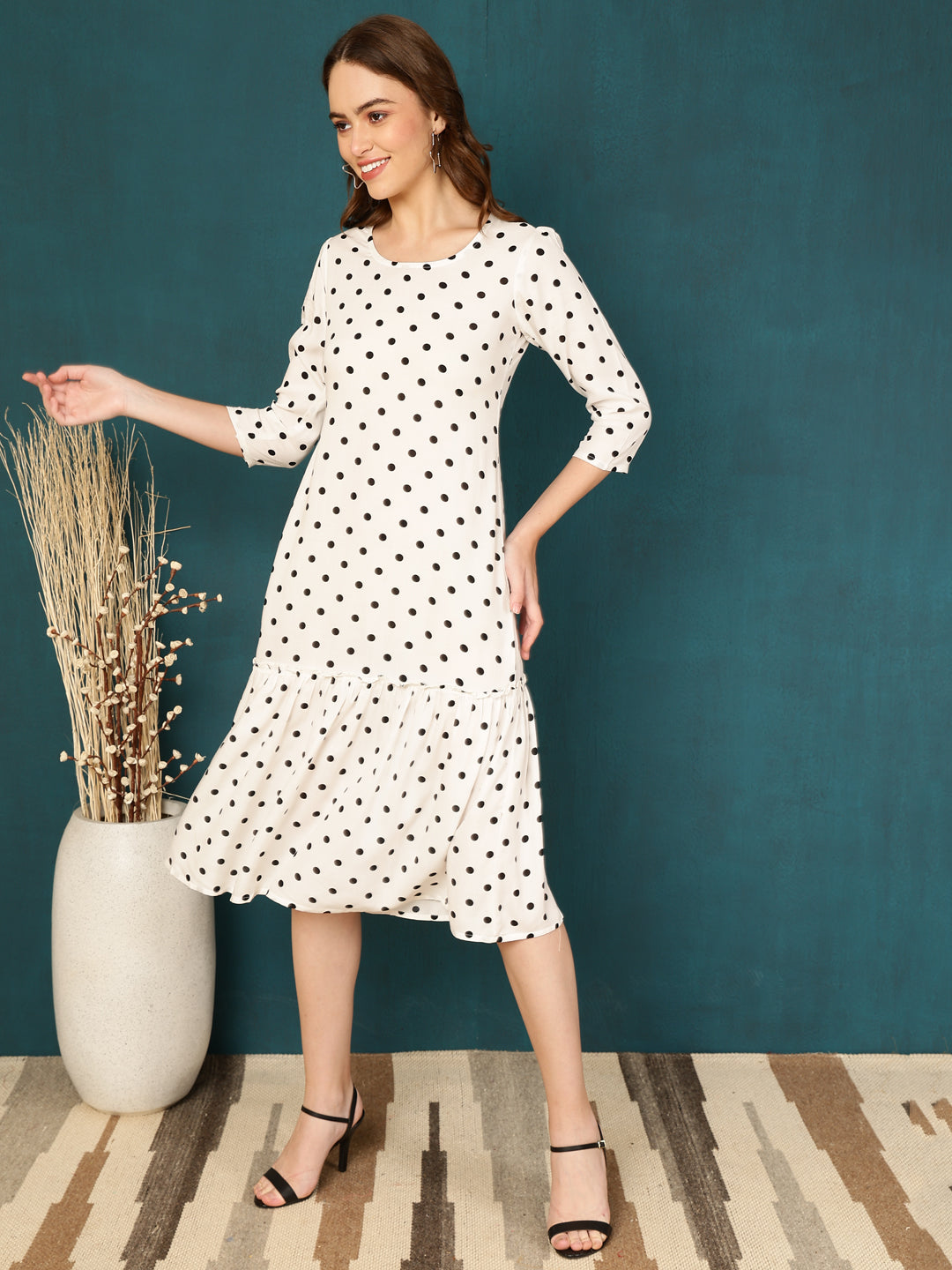 Antaran White Rayon Polka Printed Dress