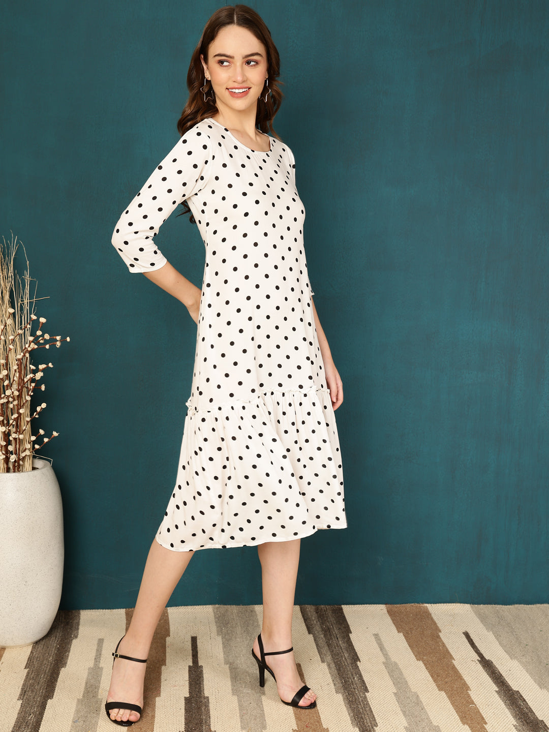 Antaran White Rayon Polka Printed Dress