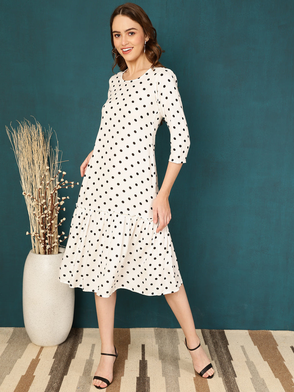 Antaran White Rayon Polka Printed Dress