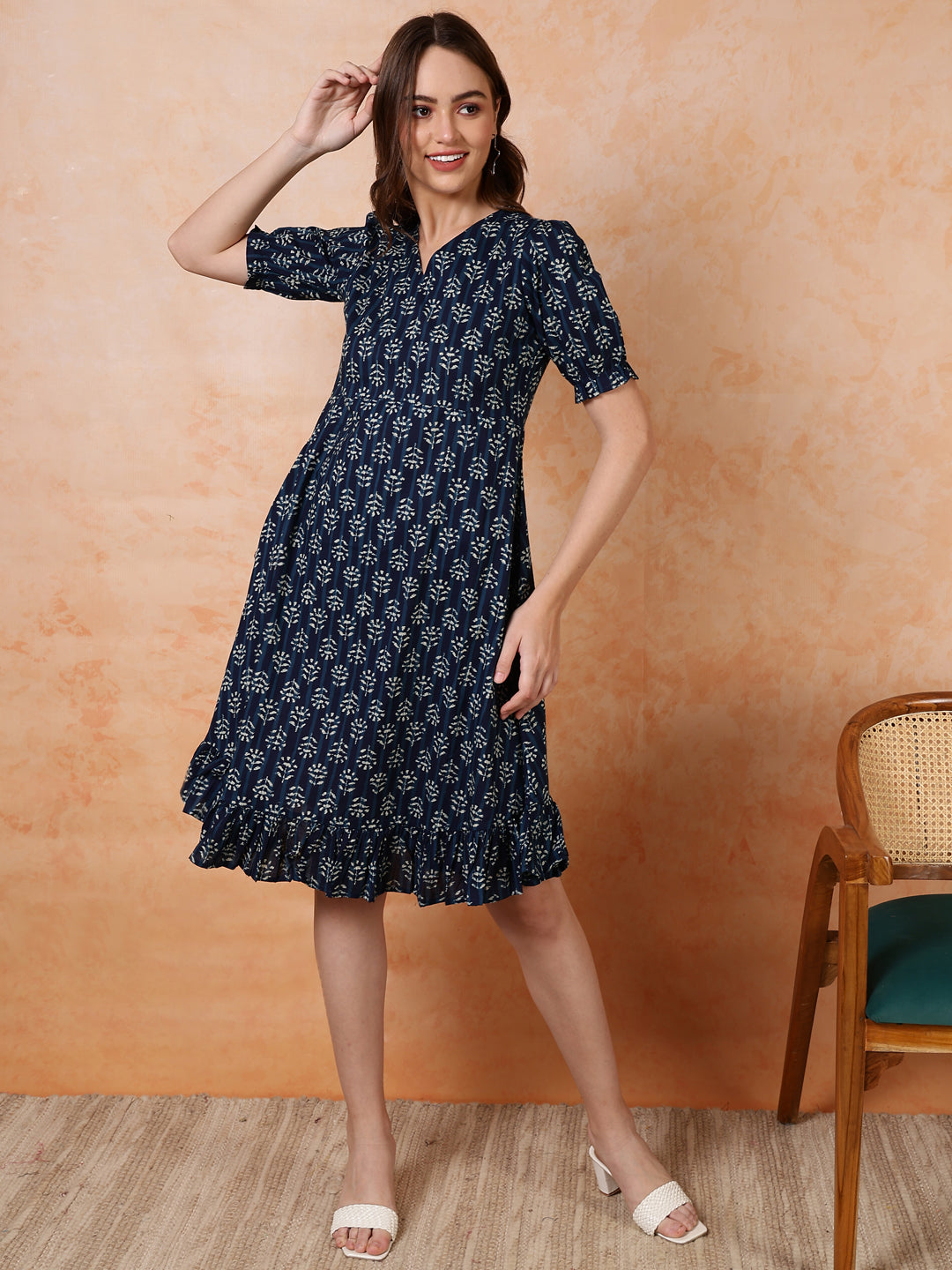 Antaran Blue Pure Cotton Flared Printed Dress