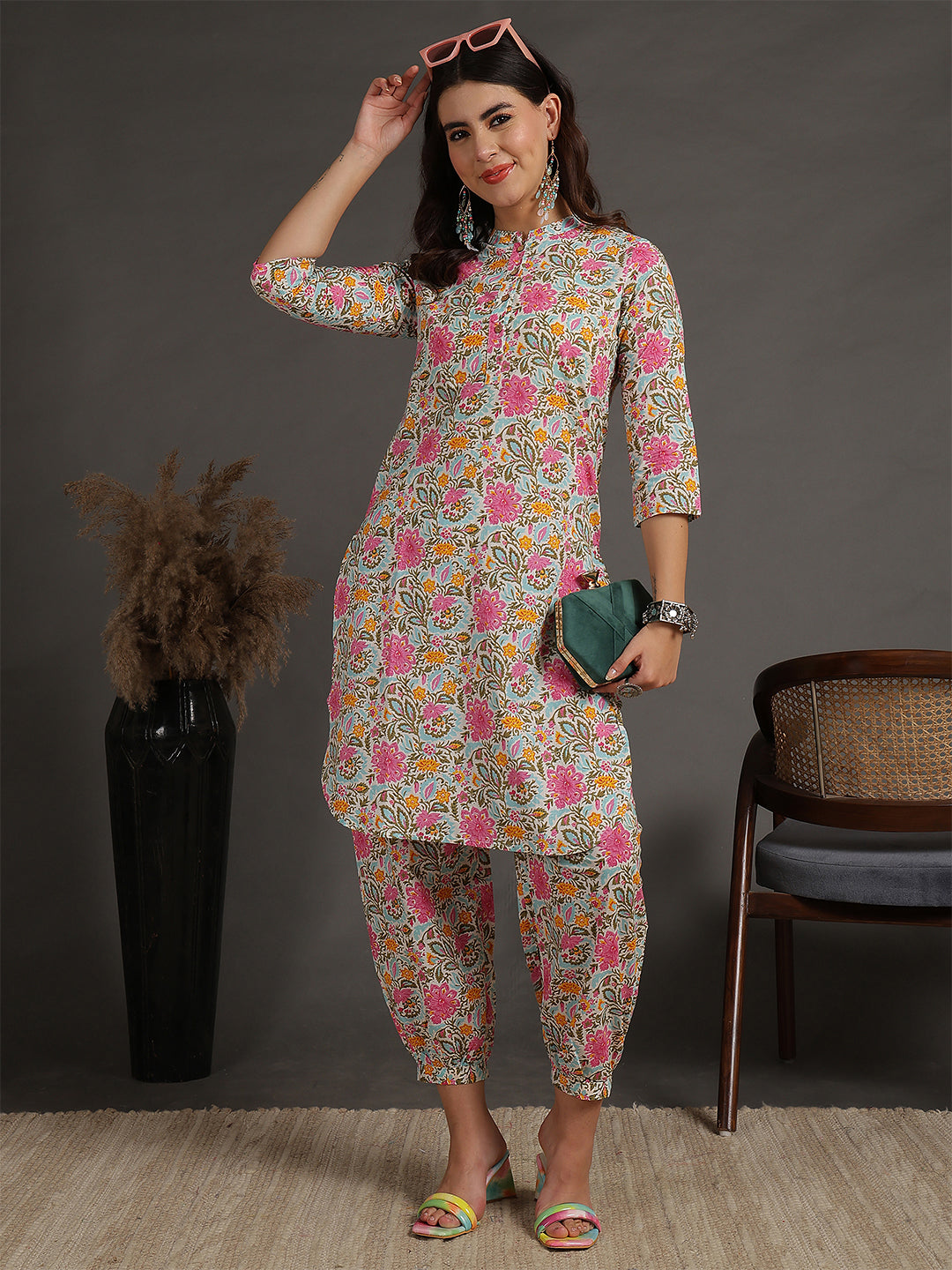 Antaran Sky Blue Pure Cotton Floral Printed Co Ord Set