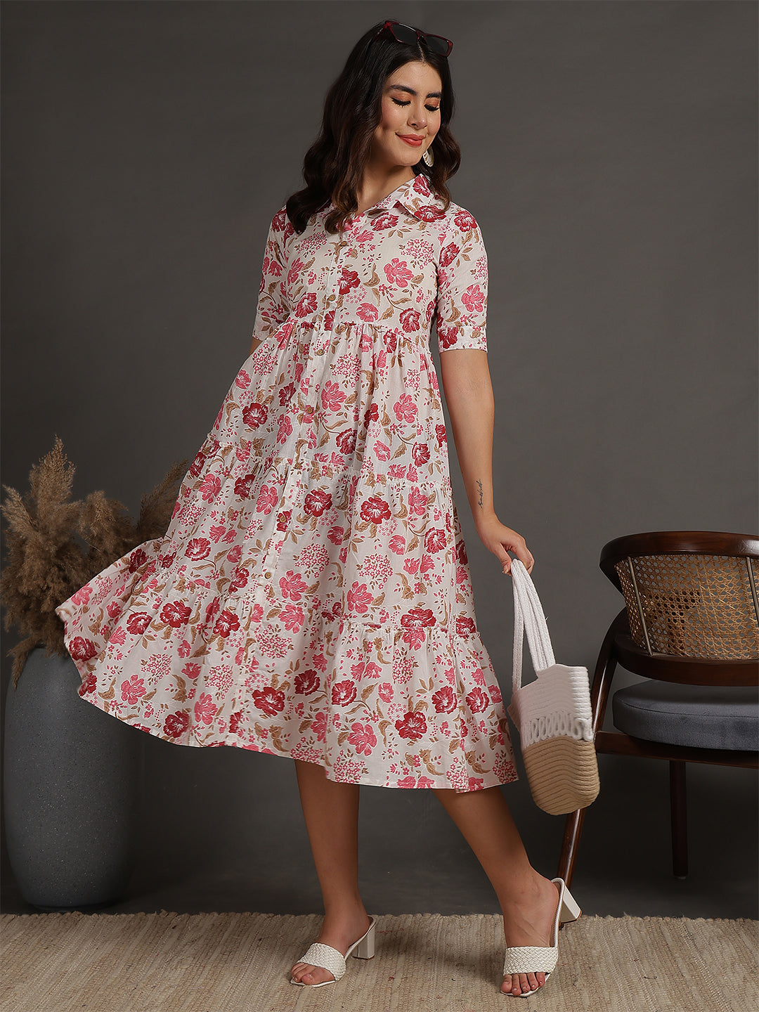 Antaran White Pure Cotton Tiered Floral Printed Dress