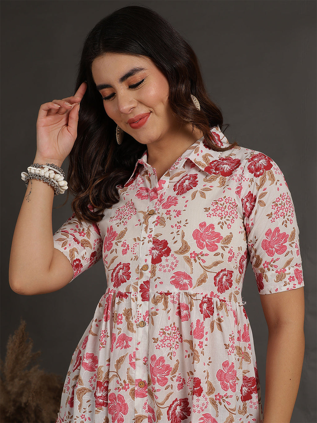 Antaran White Pure Cotton Tiered Floral Printed Dress