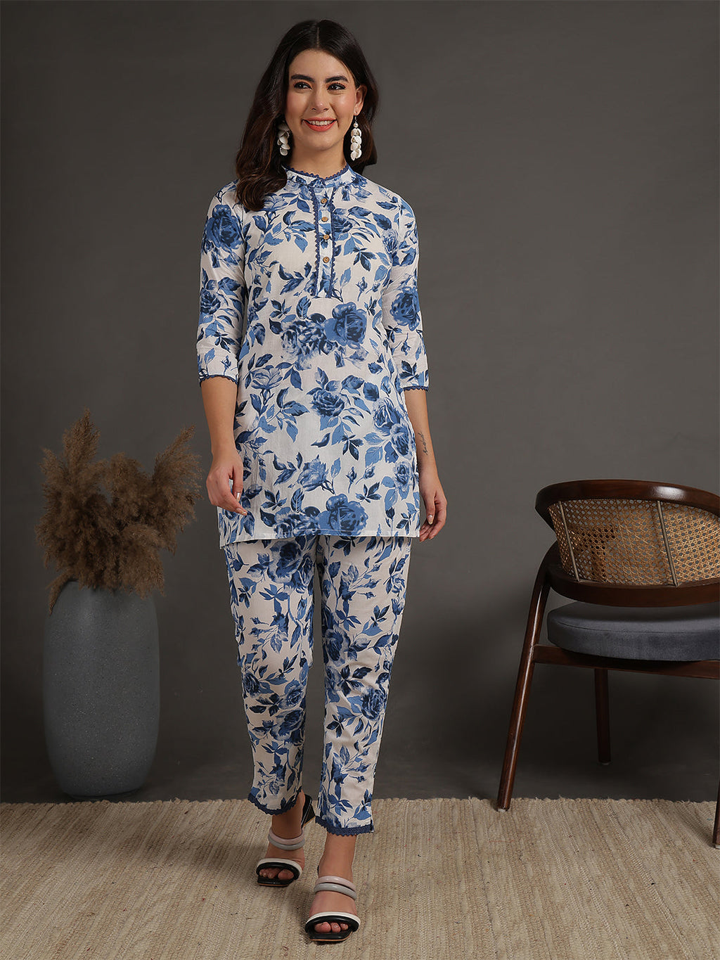 Antaran White Pure Cotton Printed Cord Set With Lace Detail