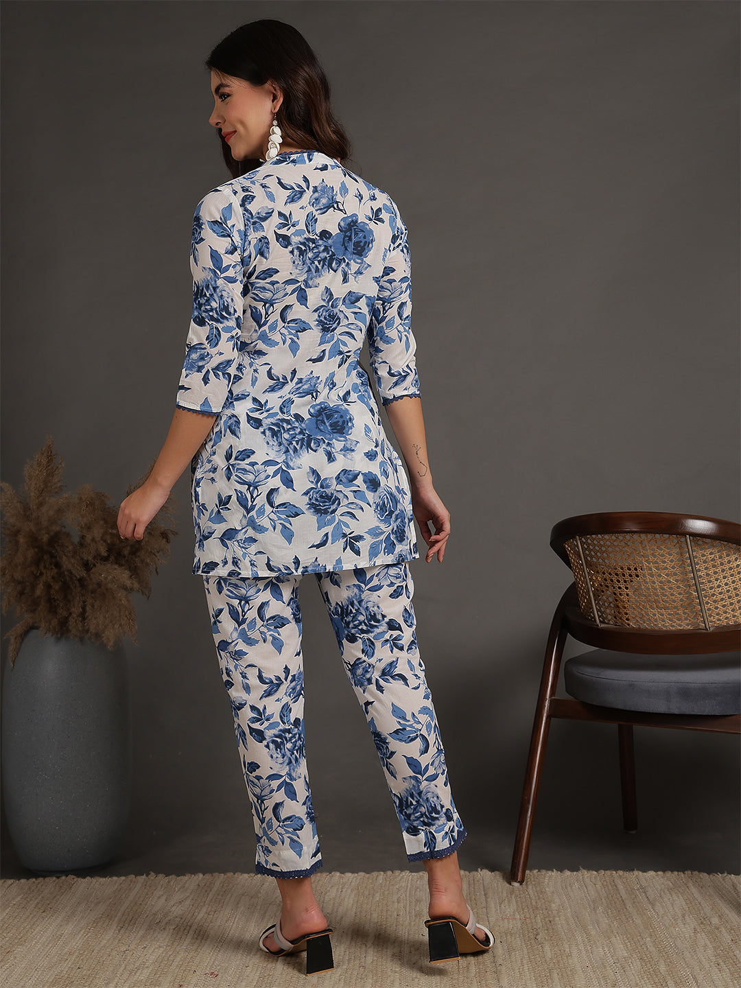 Antaran White Pure Cotton Printed Cord Set With Lace Detail