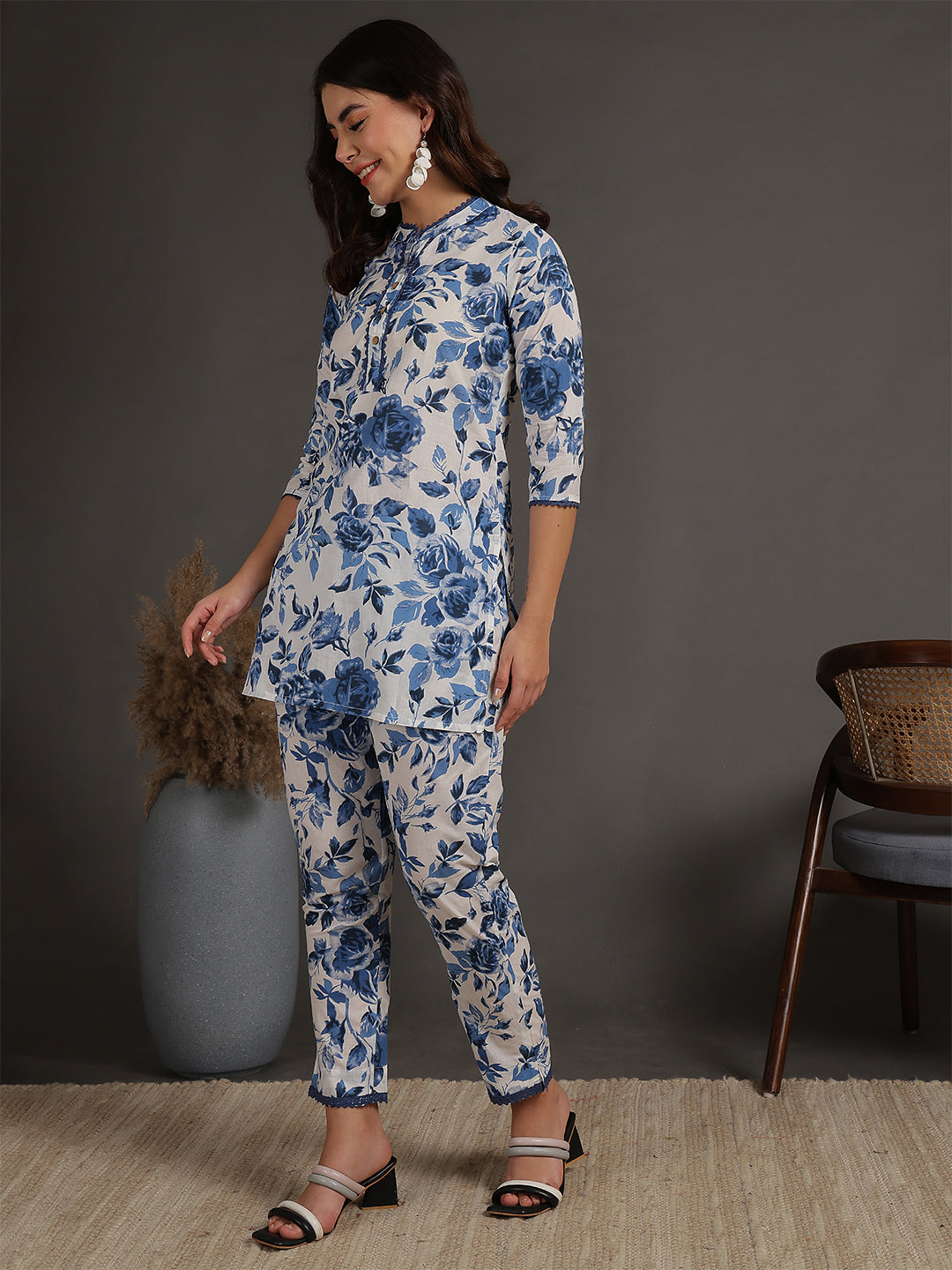 Antaran White Pure Cotton Printed Cord Set With Lace Detail