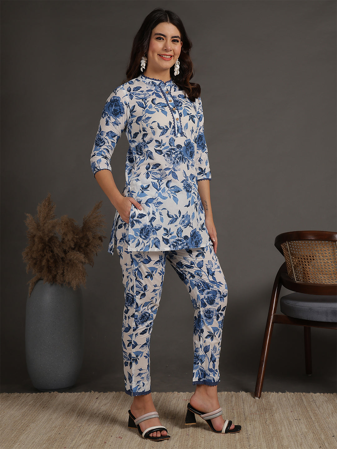 Antaran White Pure Cotton Printed Cord Set With Lace Detail