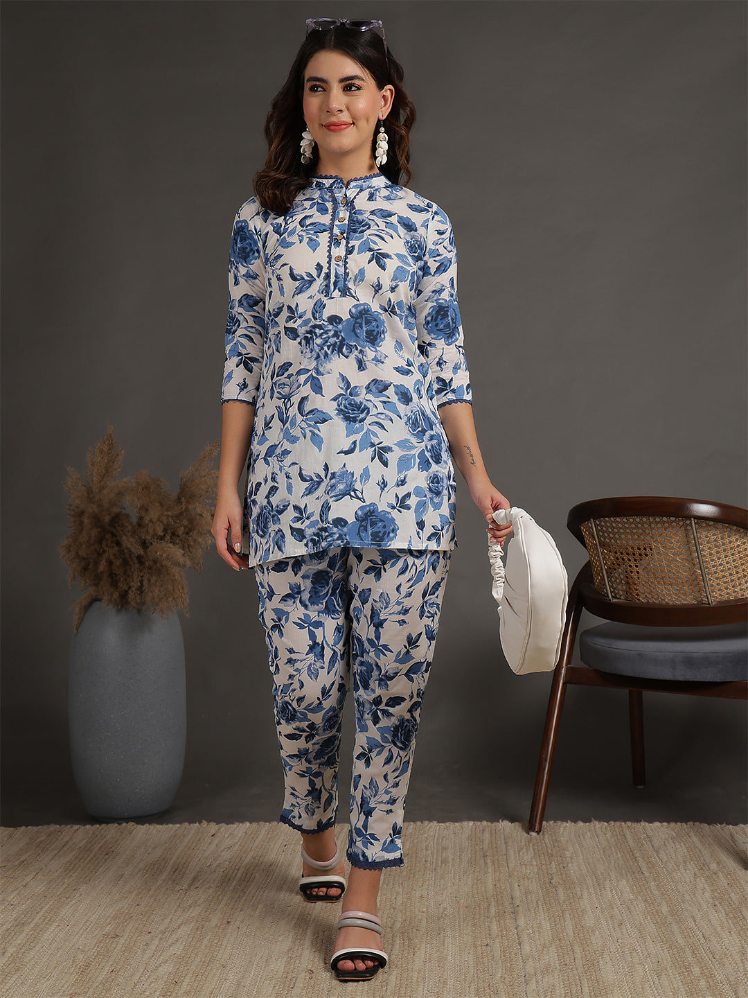 Antaran White Pure Cotton Printed Cord Set With Lace Detail