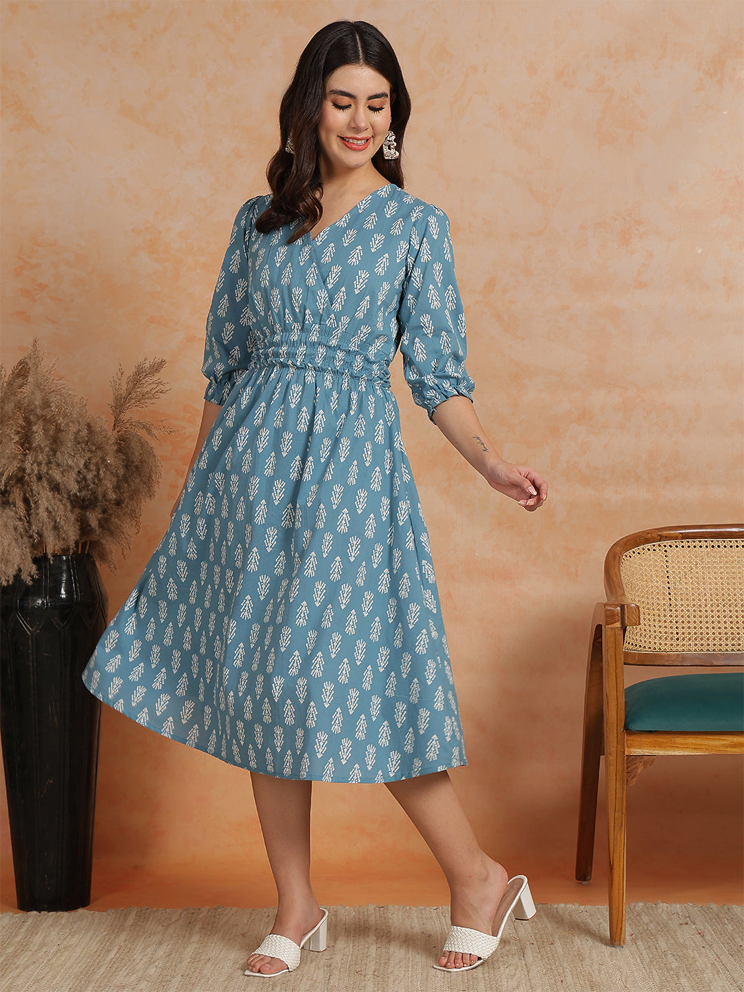 Antaran Blue Pure Cotton Printed Flared Dress