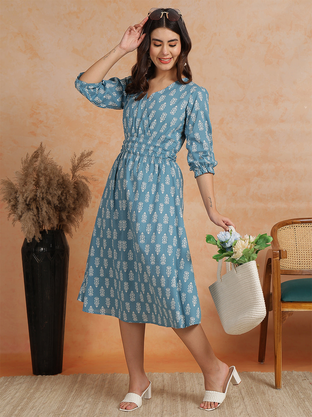 Antaran Blue Pure Cotton Printed Flared Dress